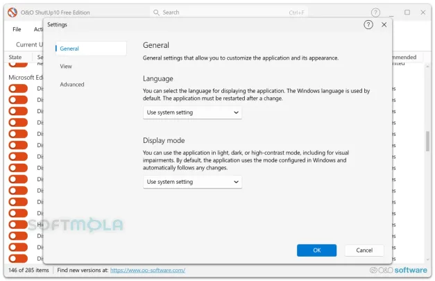 oo shutup10 settings dialog screenshot with app preferences