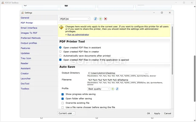 pdf24 creator settings screenshot with application preferences