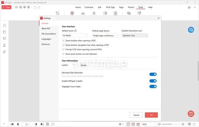 pdfgear settings screenshot with app preferences