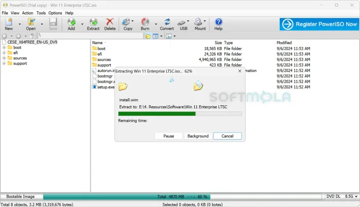 poweriso extract screenshot showing file extraction progress