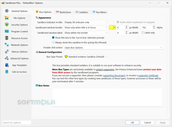 sandboxie plus box options screenshot with sandbox configuration settings
