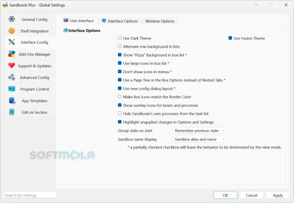 sandboxie plus global settings screenshot with application preferences