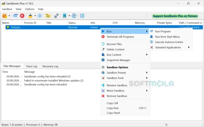 sandboxie plus main window screenshot with sandbox management tools