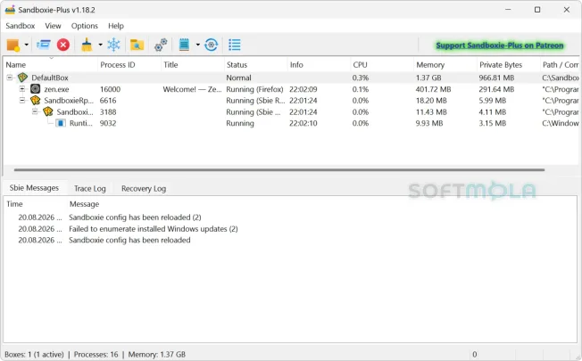 sandboxie plus running apps screenshot with sandboxed applications
