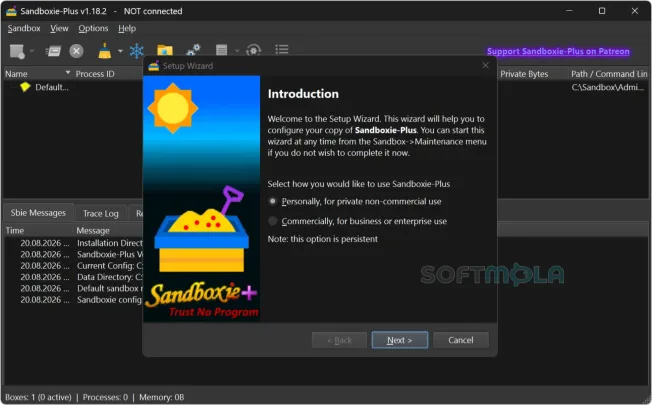 sandboxie plus startup screenshot with personal and commercial options
