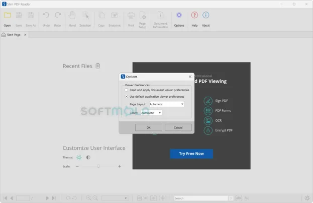 slimpdf reader options screenshot with viewer preferences