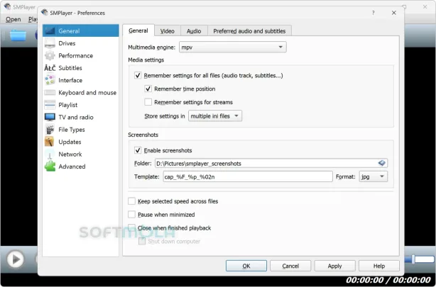 smplayer general preferences screenshot with video and audio settings