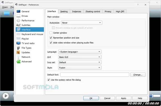 smplayer interface preferences screenshot with skin and layout options