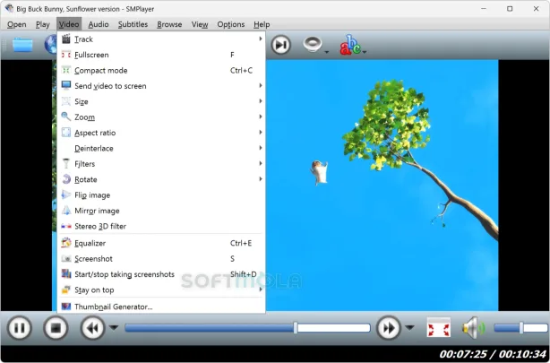 smplayer video menu screenshot with playback and filter options