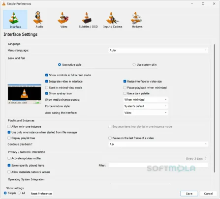 vlc media player interface settings screenshot with appearance options