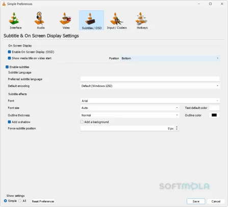 vlc media player subtitle settings screenshot with font and display options
