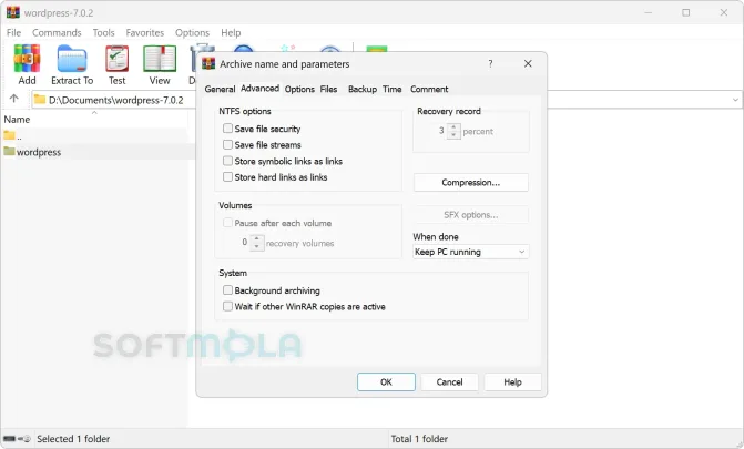 winrar archive advanced screenshot with advanced compression settings
