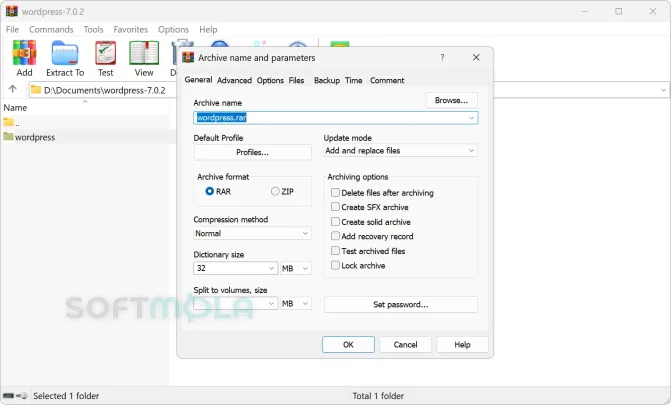 winrar archive general screenshot with compression options