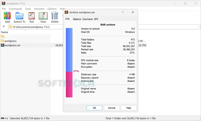 winrar info screenshot with archive information details
