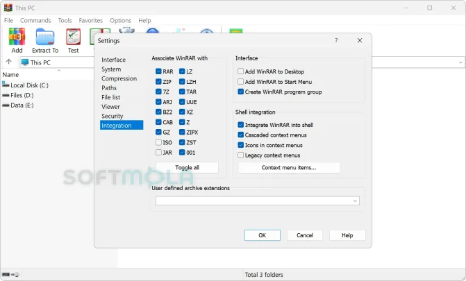 winrar integration settings screenshot with windows shell options