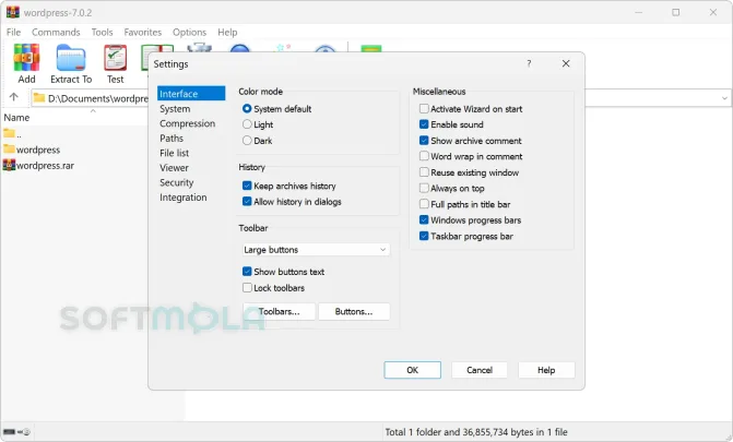 winrar settings screenshot with application preferences