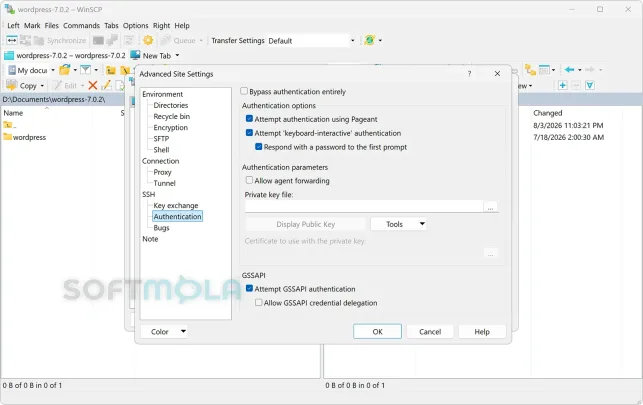 winscp advanced site settings screenshot with connection options