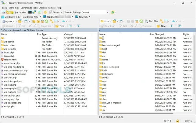 winscp file manager screenshot with dual explorer panels