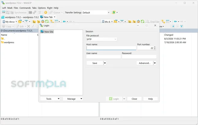 winscp login screenshot with site connection options