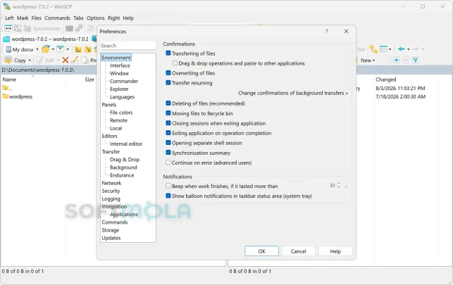 winscp settings screenshot with application preferences