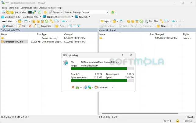 winscp uploading files screenshot with transfer progress