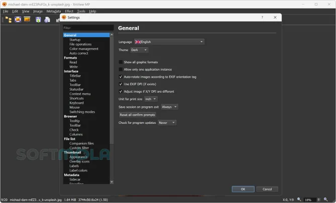 xnview mp settings screenshot with application preferences