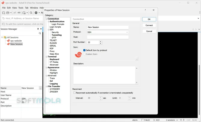 xshell new session screenshot with connection configuration options